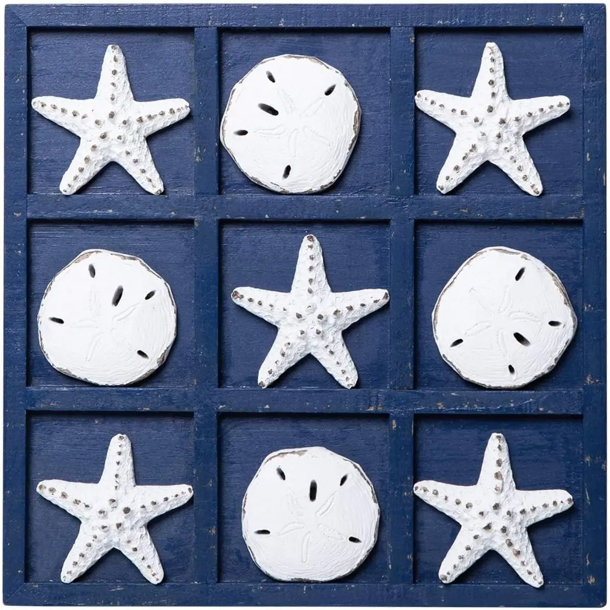 

Starfish Wooden Tic Tac Toe Decor Beach Ocean Style for Fun Room Decoration Sand Dollar & Starfish, Blue