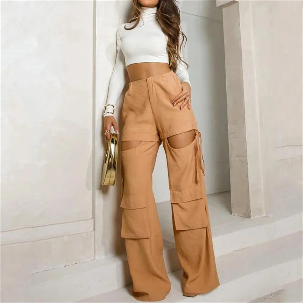 Women Turtleneck Slim Crop Top and Hollow Out Pants Set Autumn High Street Long Sleeve Shirt Straight Cargo Trousers with Pocket