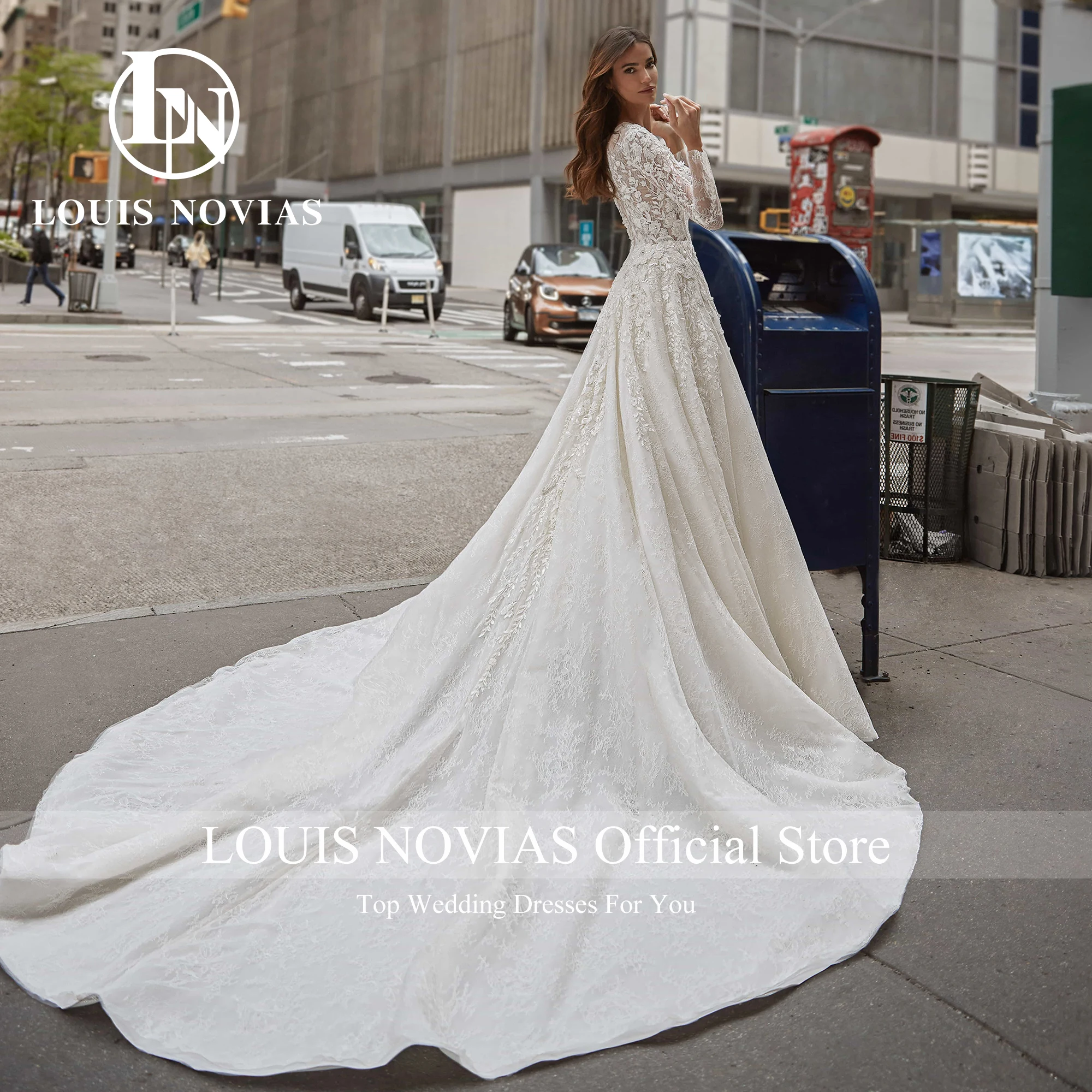 LOUIS NOVIAS Abiti da sposa a-line SCOOP Paillettes Illusion Che borda Manica lunga Pennello Treno Abito da sposa Abiti da sposa