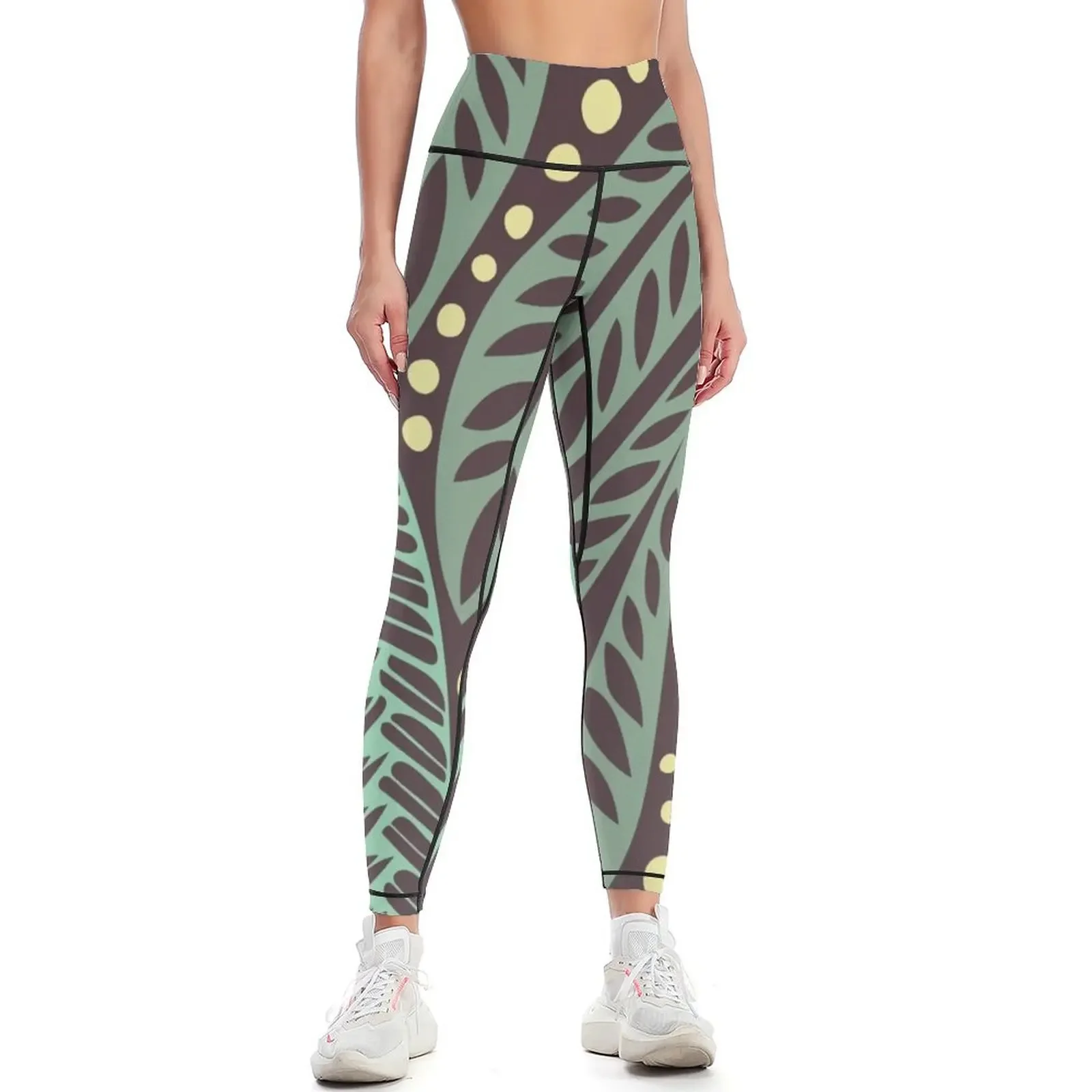 

Polynesian Hawaiian green aubergine/eggplant floral tattoo design Leggings sports for push up gym pants Womens Leggings