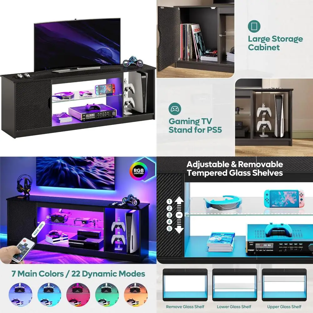 مركز ترفيه LED من Bestier لـ PS5، حامل تلفزيون للألعاب مع خزانة تلفزيون 55/65 بوصة، وحدة تحكم تلفزيون حديثة مع زجاج قابل للتعديل Sh #1