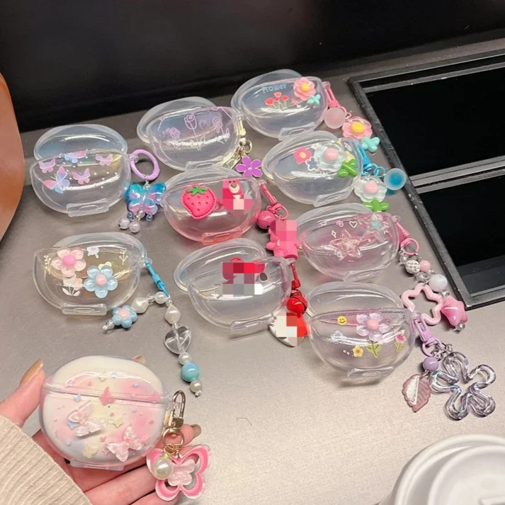 For VIVO TWS 3E Cover Fashion Flower / cartoon keychain Silicone Transparent Earphone Cover cute For vivo tws 3e cover