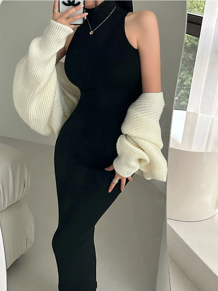 Summer Black Skinny Dress Women 2023 Sexy Party Bodycon Long Dress Turtleneck Tight Midi Dresses Sleeveless