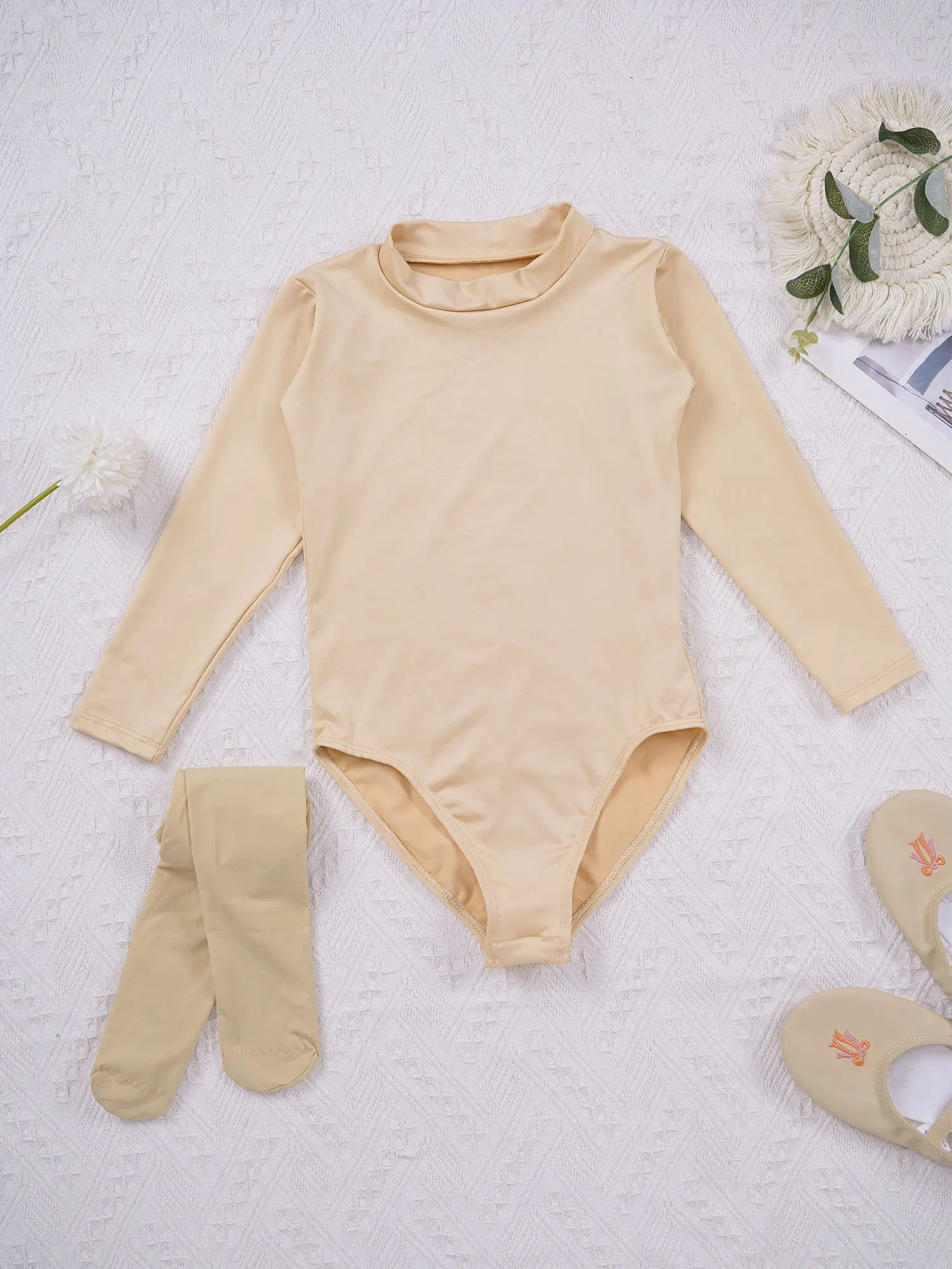 Kids Girls Gymnastics Ballet Dance Costume Nude Long Sleeve Leotard+Pantyhose Set for Training Ballerina Dance Bodysuit Outfit