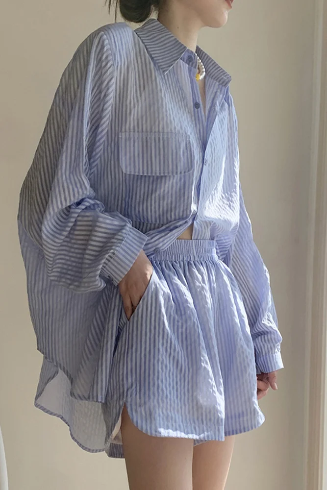 

2025 Summer Striped Set Women Lightweight Loose Shirt Top High Waist Shorts Sun Protective Casual 2 Piece Outfit Female Clothing