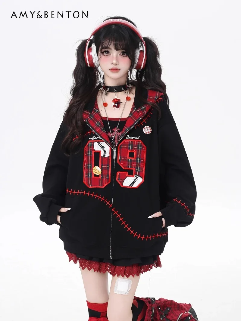 

American Retro Sweet Cool Digital Embroidery Plaid Patchwork Loose Casual Baseball Jacket Preppy Style Gothic Oversized Jackets