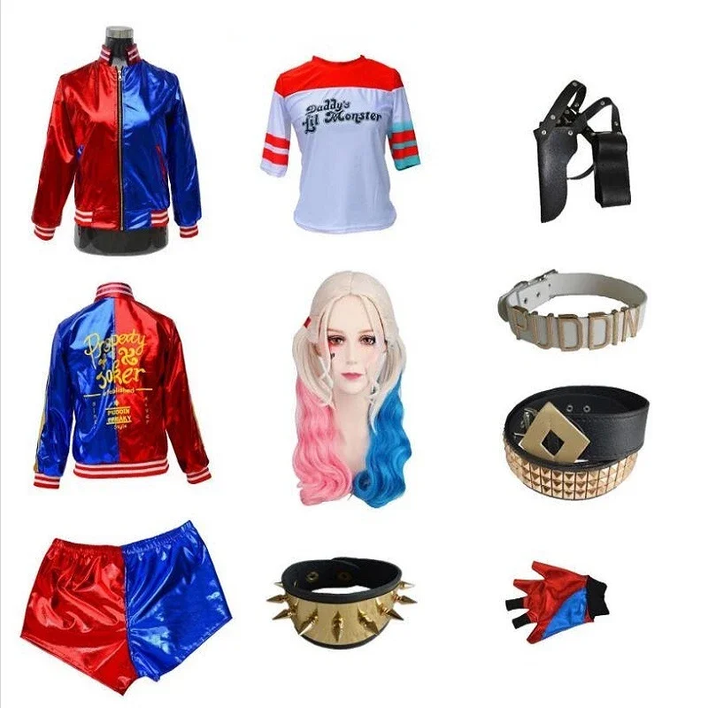 Harley Monster Costumes Cosplay Suicide Kids Girls Quinn Squad T-Shirt Joker Jacket Wig Halloween Costume Carnival Party Outfit