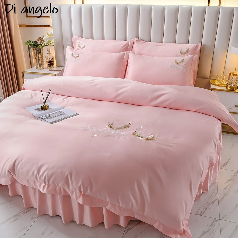 Round Bed Embroidery 4pcs Bedding Set Washed Easy Bed Linen Duvet Cover Pink Designer Twin Bedding Set Luxury Beds Cover Sets#sw