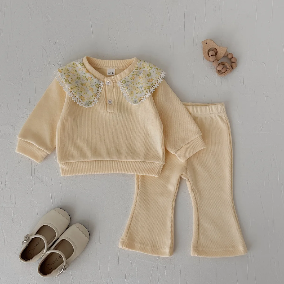 Korean Style Infant Floral Peter‑Pan Collar Sweatshirt, Spring Autumn Baby Yellow Ribbed Flare Pants 2Pcs Set