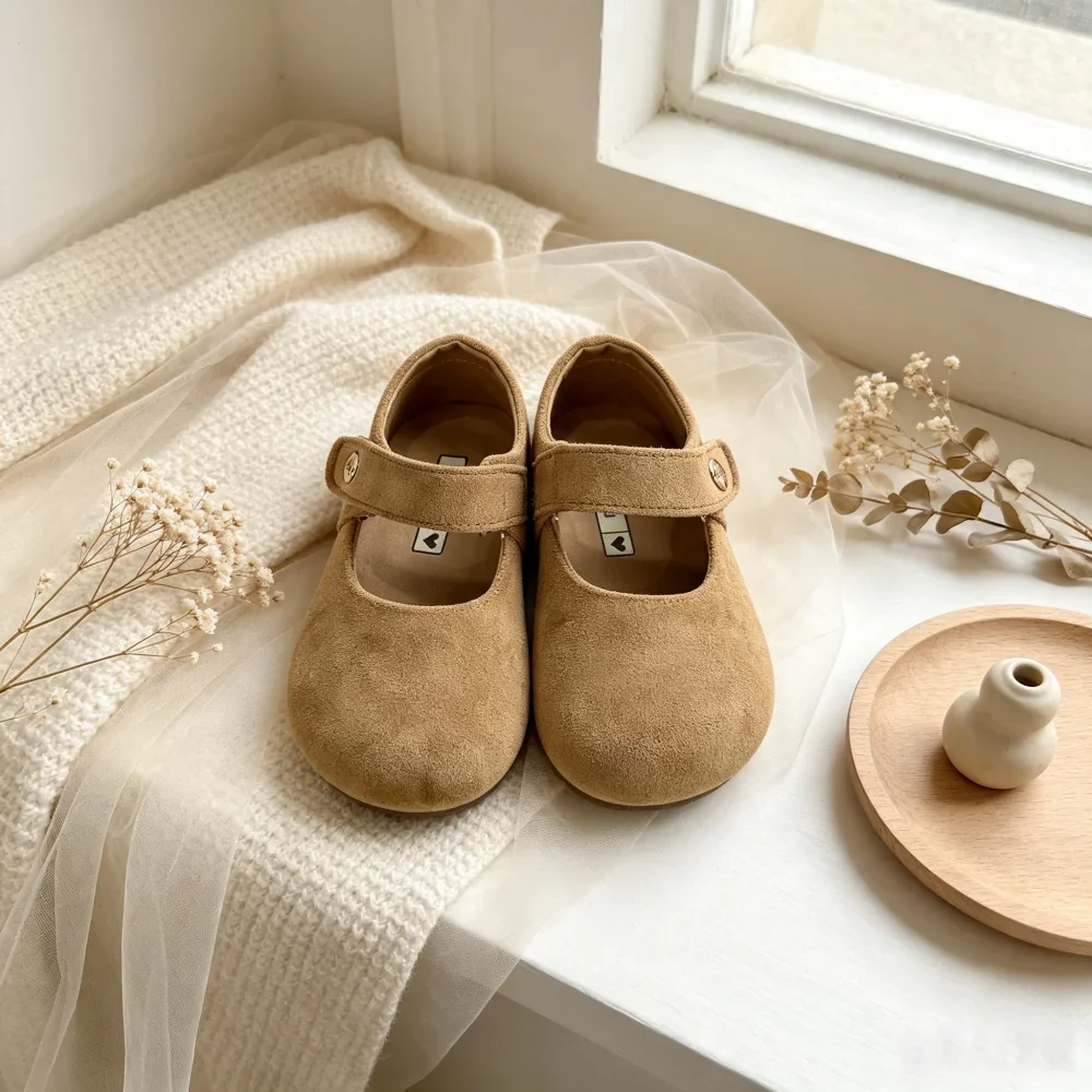 Little Girls Faux Suede Mary Jane Shoes, Solid & Leopard Print Hook‑and‑Loop Soft Flat Casual Dress Shoes