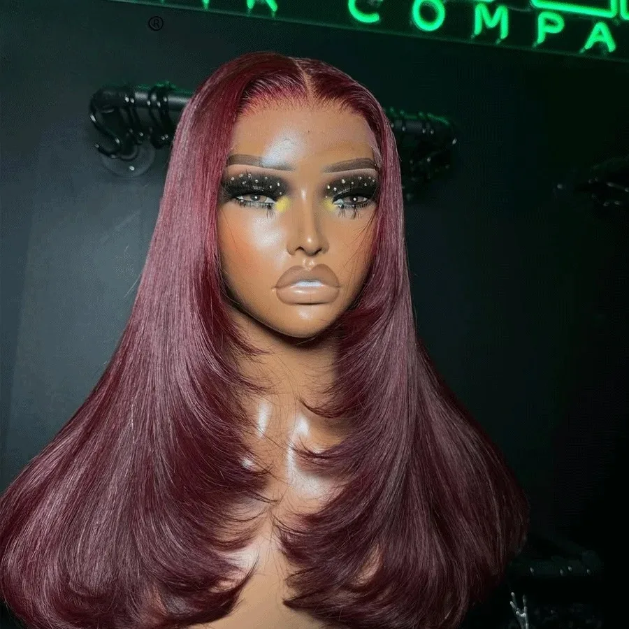 99j 버건디 레드 가발 레이어드 본 스트레이트 레이스 프론트 가발 13x4 HD 레이스 프론탈 가발 글루리스 프리플럭 데일리 착용 여성용