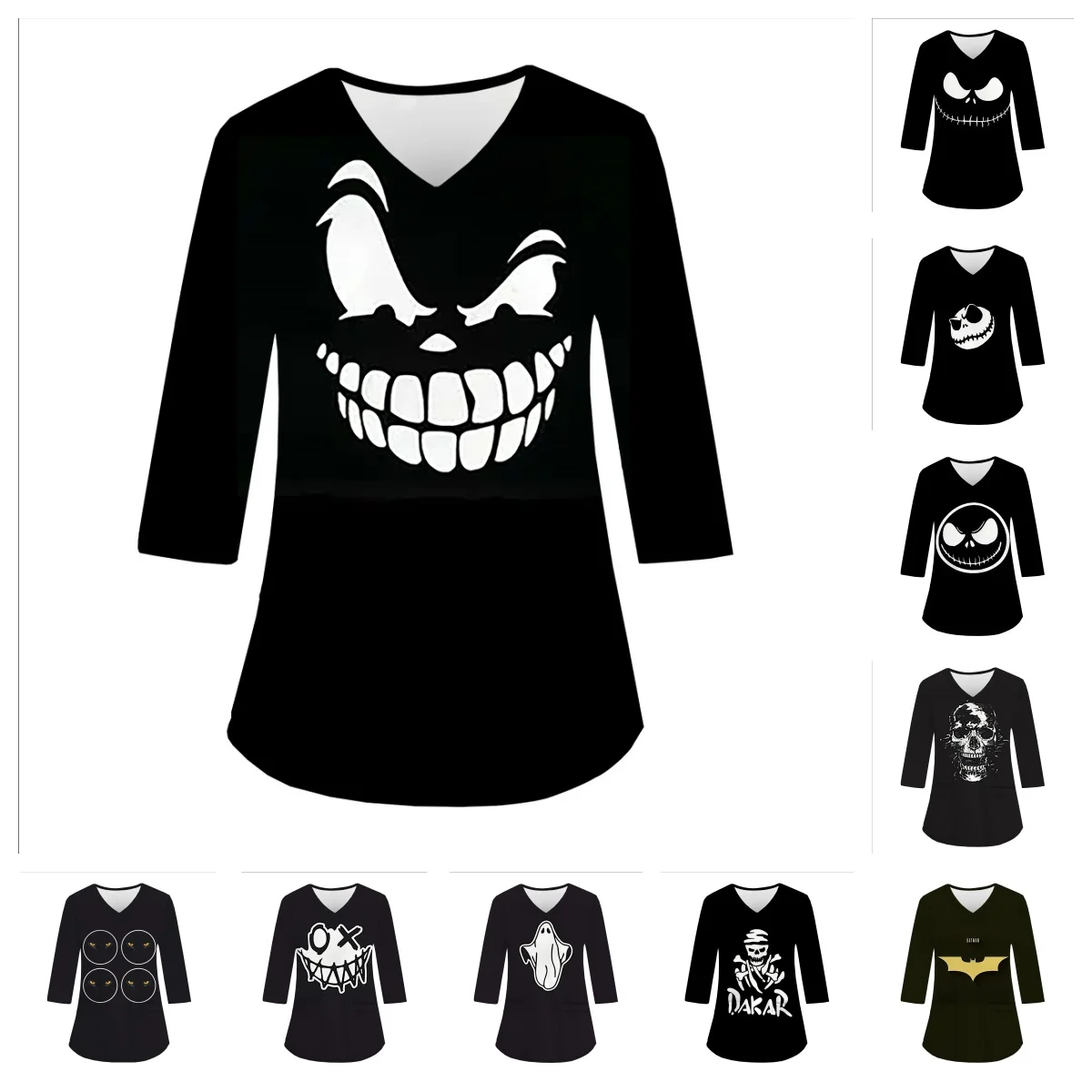 Halloween Pumpkin Sanitary Uniform Woman Prints V-Neck 3/4 Sleeve Pockets in Micro-Elastic Material Tops Clinical Uniforms Wom