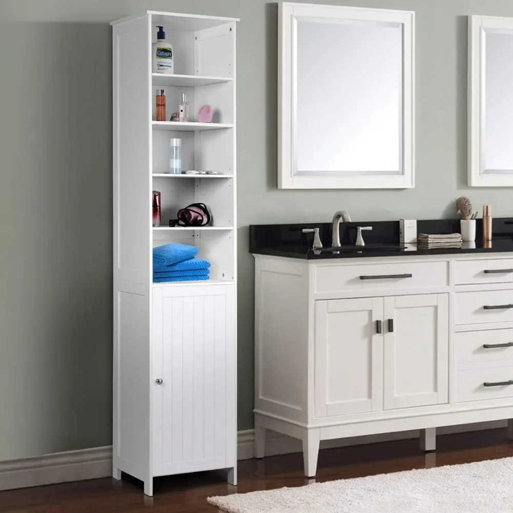 72'' Tall Cabinet Bathroom Organizer and Storage Wooden White Bathroom Cupboard With Door and 5 Adjustable Shelves Furniture