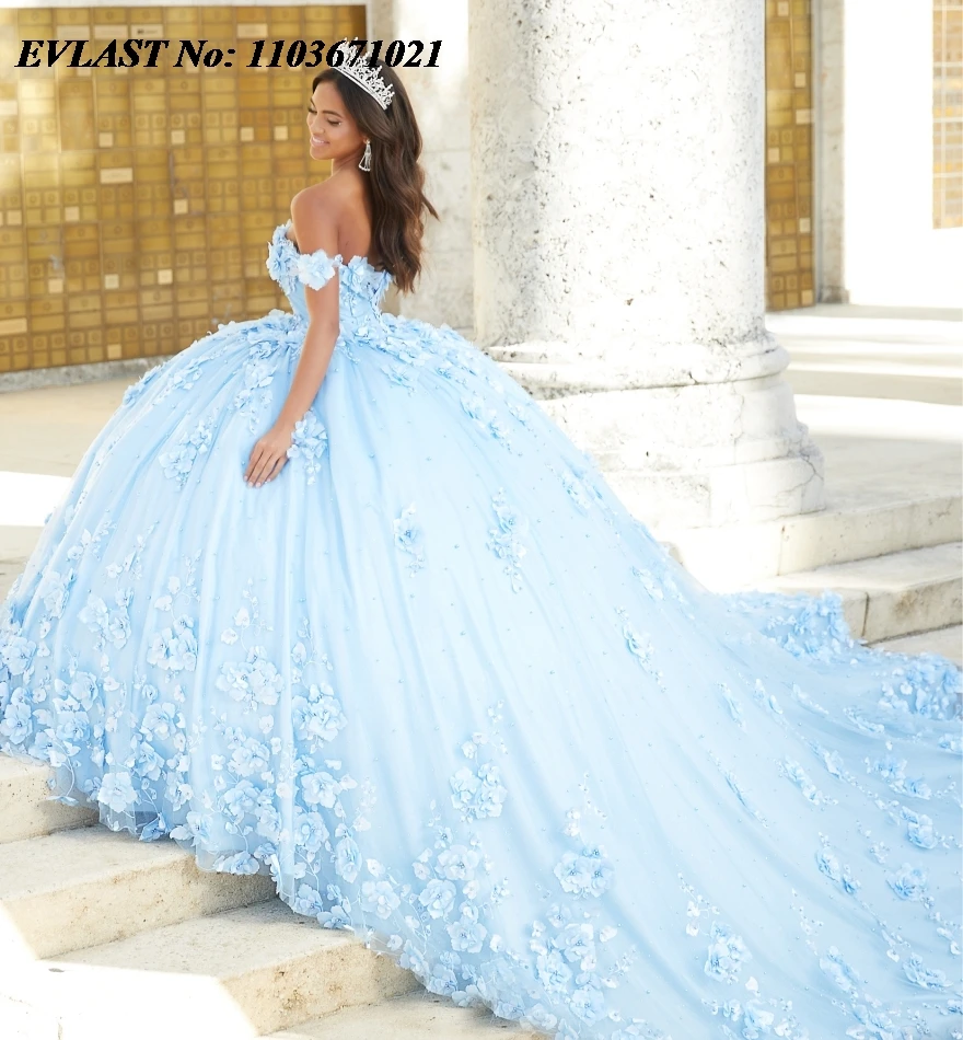 EVLAST Customized Blue Quinceanera Dress Ball Gown 3D Floral Applique Beaded Crstals Corset Sweet 16 Vestidos De XV Anos SQ323