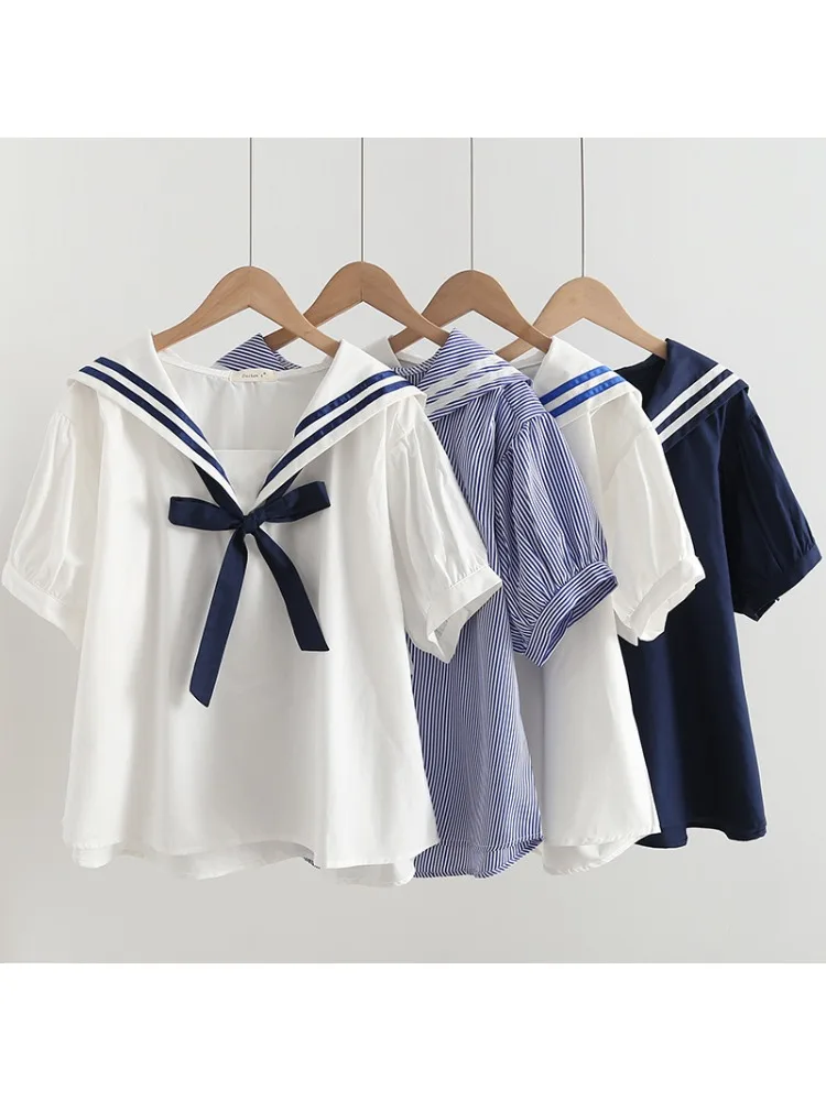 

High Quality JK Sweet Stripe Sailor Collar Blouse Tops Causal Half Sleeve Woman Shirts 2025 Summer New Korean Blusas De Mujer