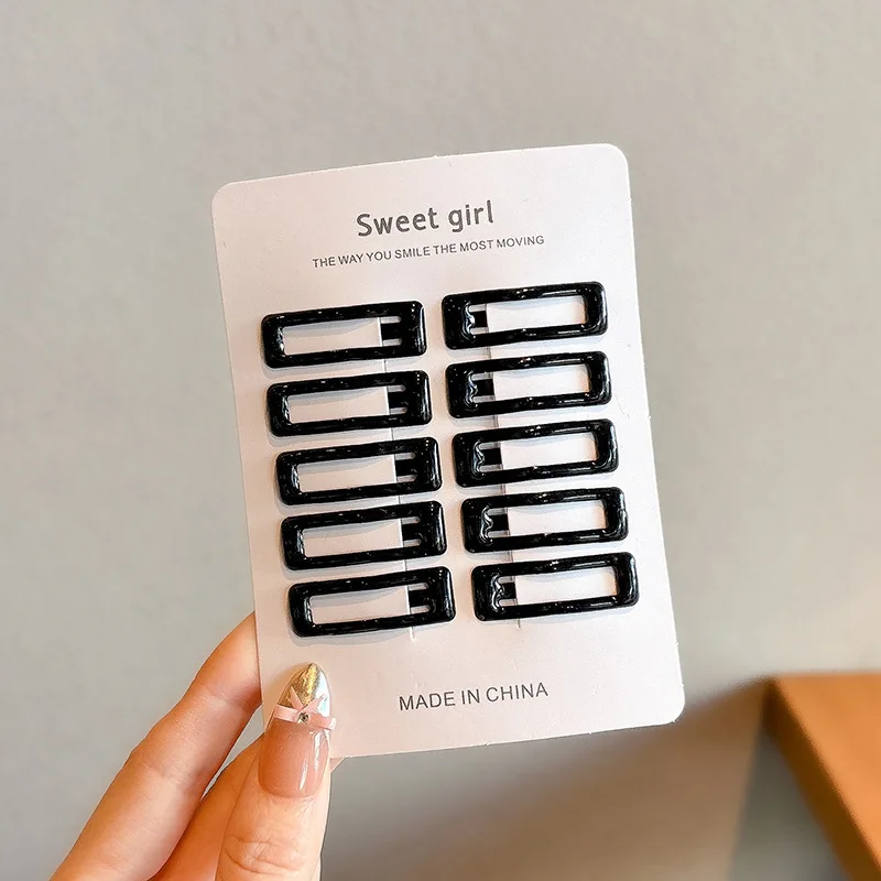 10 قطعة/المجموعة الفتيات البسيطة الأسود سبيكة بنس للشعر قطرة الماء مستطيل دبابيس الشعر الأطفال طفل عدم الانزلاق لا ضرر مقاطع الشعر أغطية الرأس