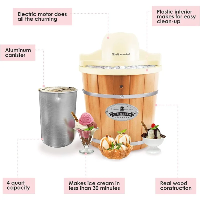 Elite Gourmet EIM-924L, 4 Qt Electric Motorized Ice Cream Maker, Gelo e sal de rocha, 4Qt Congelamento Canister para sorvete cremoso, Canister