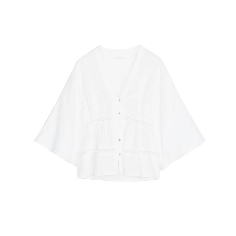 Cárdigan abierto con manga de campana blanca, cuello en V hoado, decoración de encaje Vertical, estilo de viaje, fibra de p...