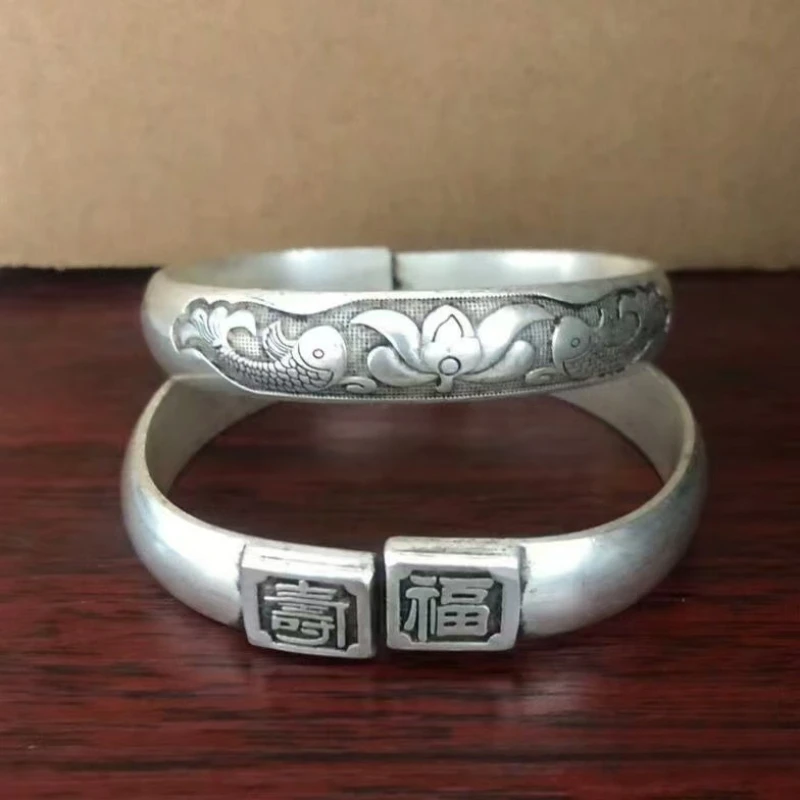 

Mai Chang/ A Pair of Old Chinese Silver Antique Lucky Lotus Dragon and Phoenix Bracelets Fashion Retro Accessories Gift