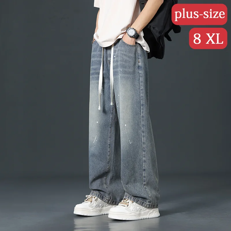 

American style casual jeans men's splashed ink design pants loose washed denim wide leg pants plus size jeans M-8XL