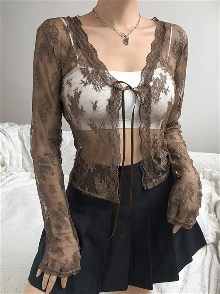 Camiseta Sexy transparente para mujer, cárdigans de manga larga con encaje de malla, Tops cortos Vintage con cordones para mujer, ropa de calle Y2k