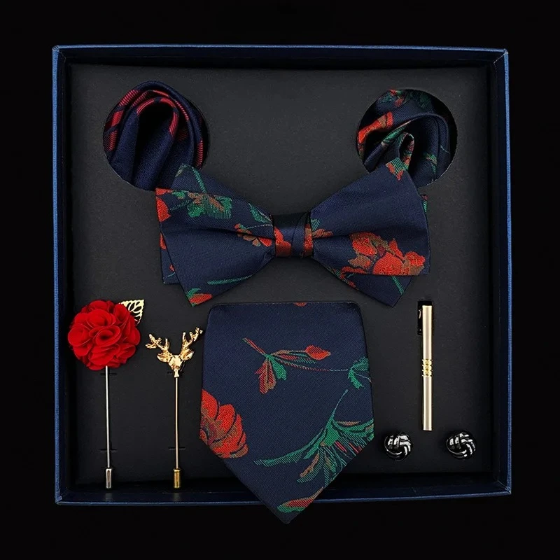 

Синий мужской комплект основных аксессуаров для официальной одежды (галстук + галстук-бабочка + нагрудный квадрат + зажим для галстука + булавка на лацкане + запонки)