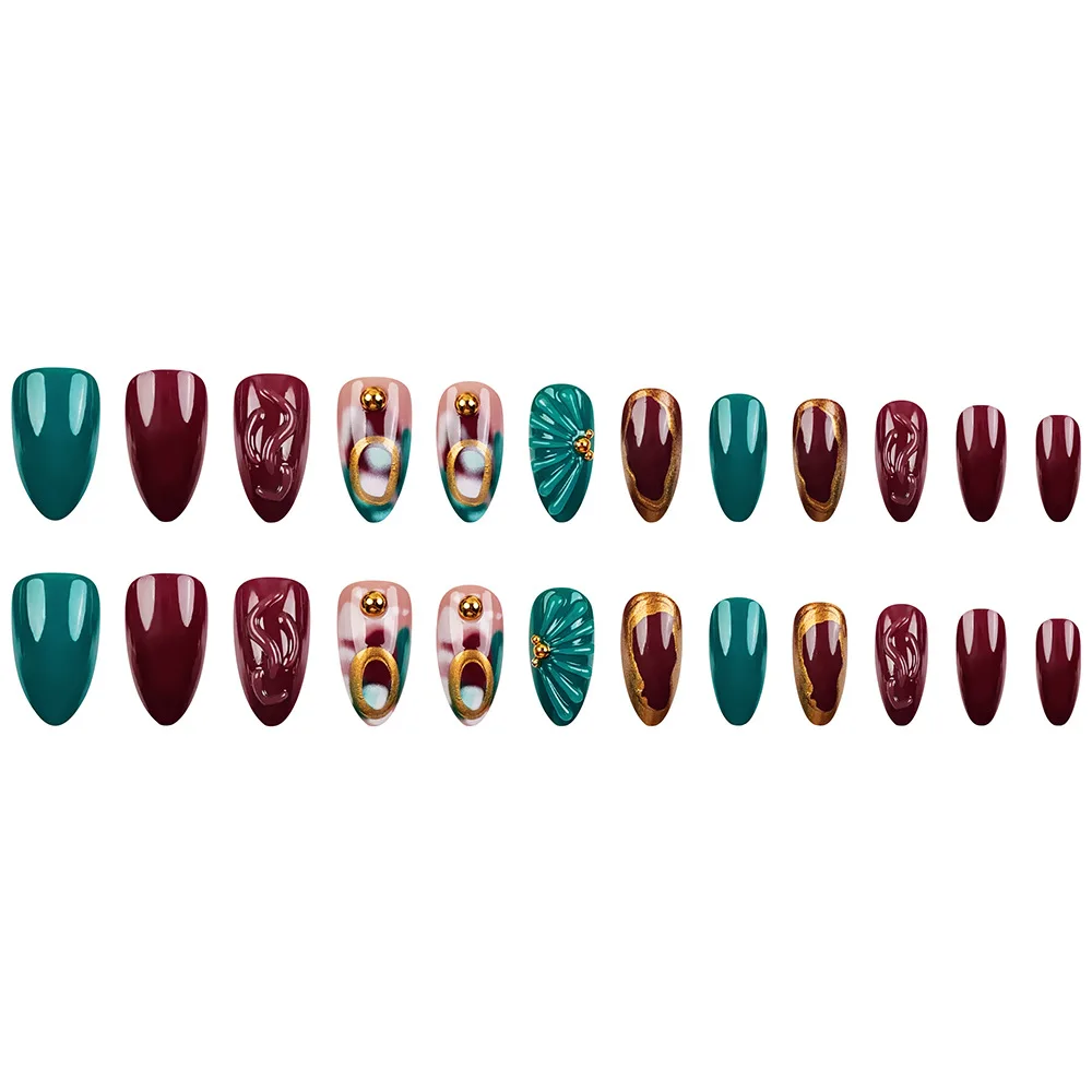 24pcs 3D Gilded Press-On Nails with Vintage Red & Green Color Scheme, Luxurious Long Almond Shape, Assorted Sizes
