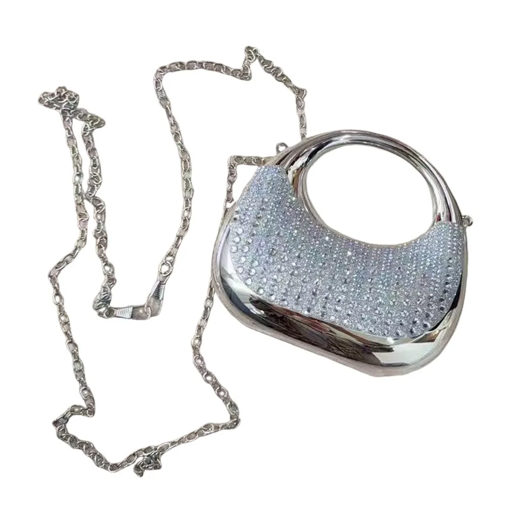 Bolso de luna acrílico multicolor plateado con diamantes brillantes, mini bolso de media luna de material acrílico, tamaño mini, bolso de fiesta plateado
