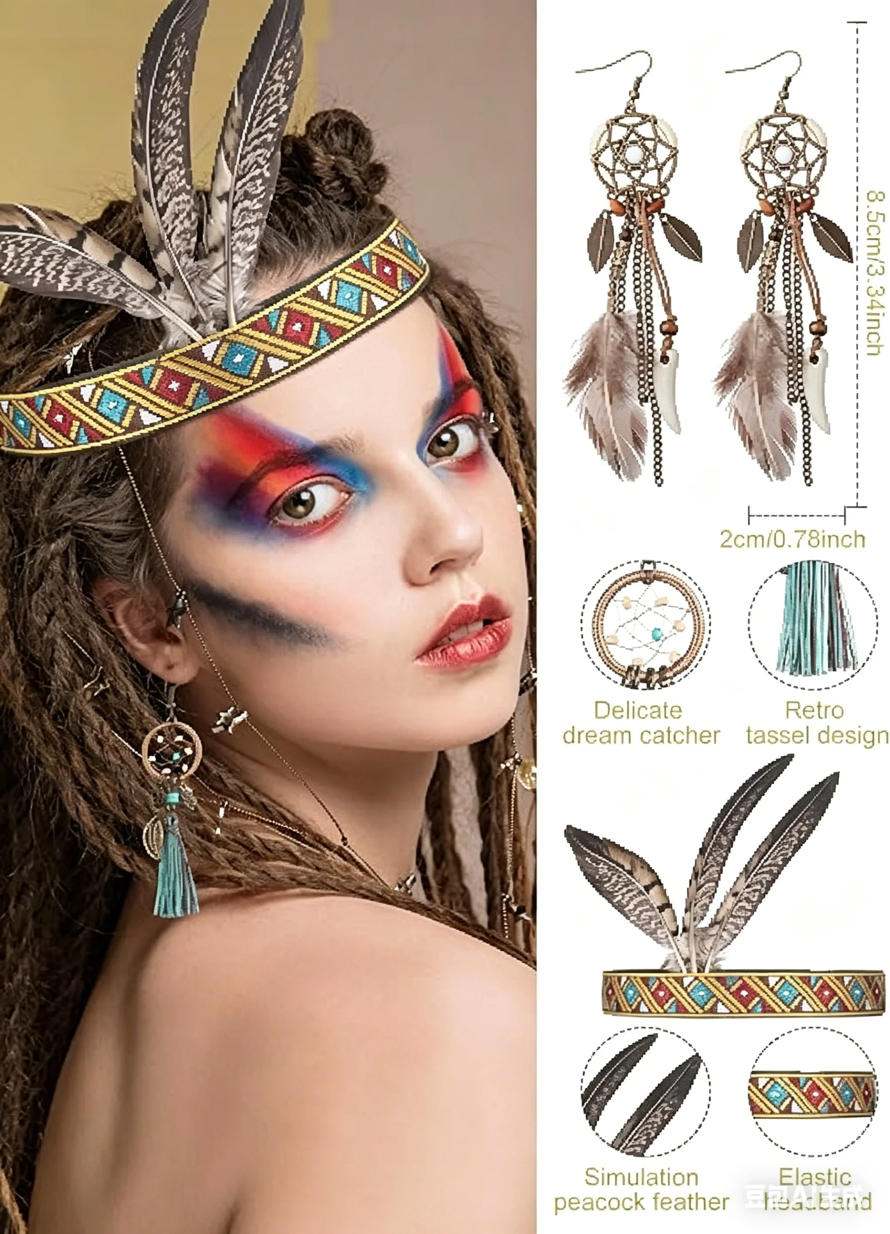 5 Pieces Indian Native American Jewelry Set Includes Feather Headdress Faux Peacock Feather Hair Band Boho Dream Catcher Dangle