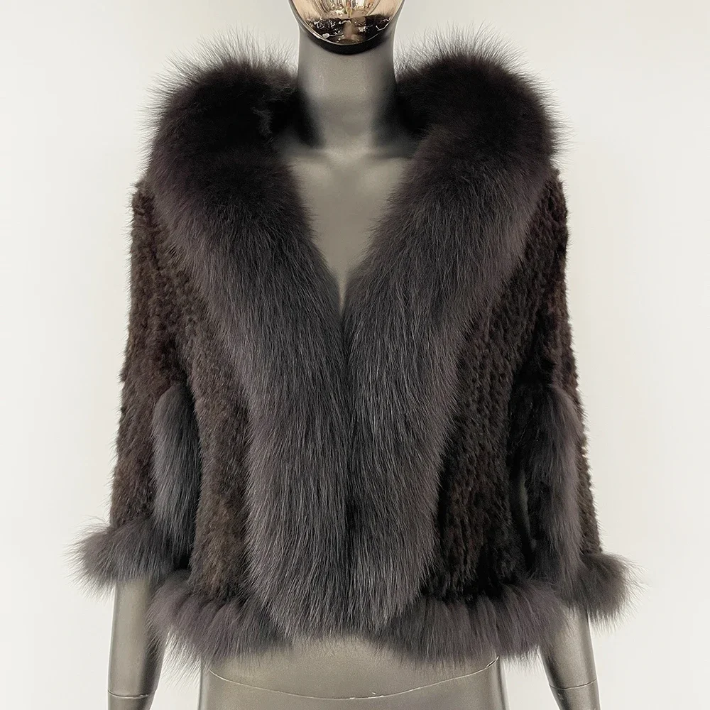OFTBUY Real Mink Fur Coat Women Shawl Fashion Knitted Genuine Mink Fur Jacket Cape Scarf Natural Fox Fur Collar Cloak Winter