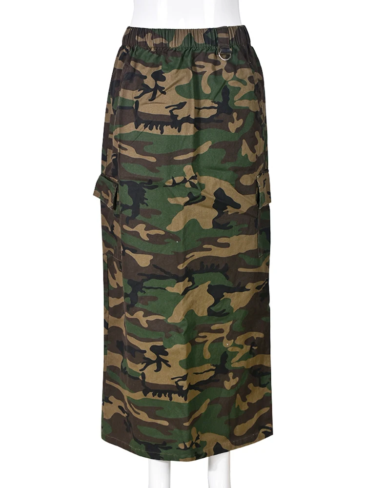 Women\'s Sexy Camouflage Print Pockets High Waist Maxi Skirts Female Safari Slim Fit Long Skirt 2023 Spring Fall New