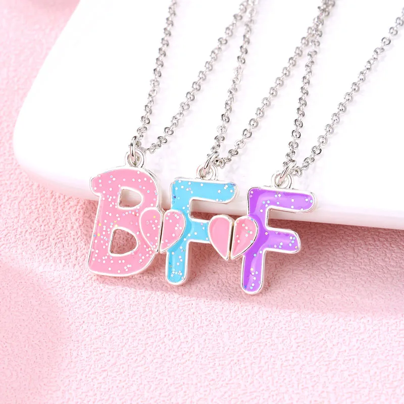 Lovecryst 3Pcs/set Colorful Glitter Pendant BFF Letter Magnetic Necklaces for 3 Kids Girls Friendship Children Jewelry Gifts