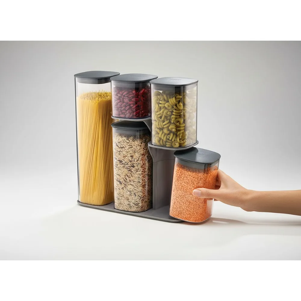

Набор герметичных контейнеров для хранения продуктов питания из 5 предметов с подставкой, серый — идеально подходит для организации кухни и кладовой