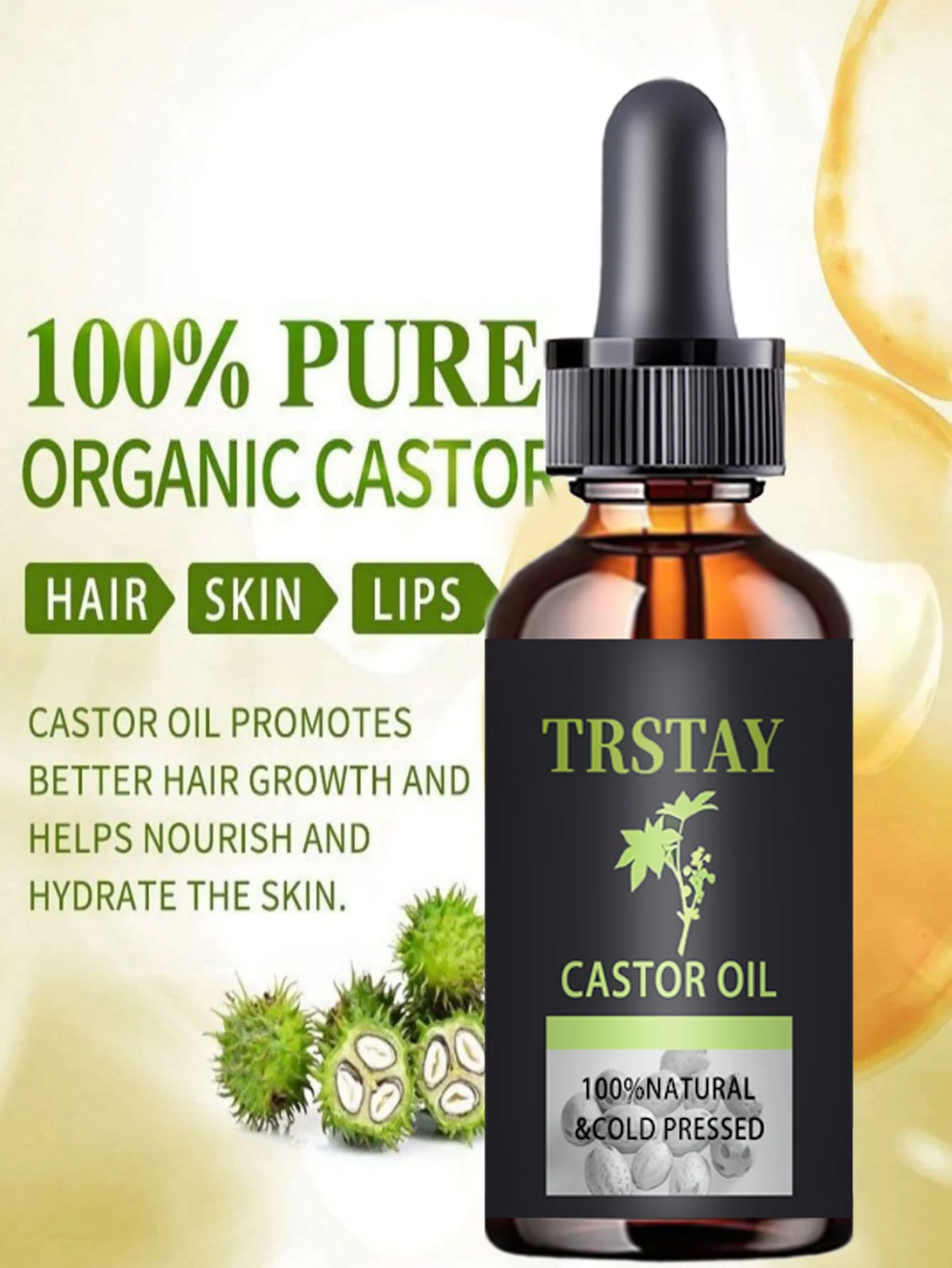 TRSTAY-Óleo de Crescimento Capilar para Cílios e Sobrancelha, 100% Pure Natural Organic, Óleo de Rícino Pressionado, Cílios e Sobrancelhas Crescimento Capilar