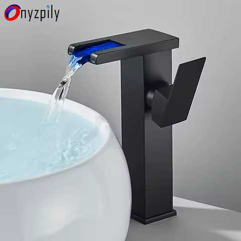 LED Bathroom Sink Faucet Brass Waterfall Faucet BlackBathroom Hot/Cold Mixer Crane Deck Mounted Wash Sink Taps Single Handle Tap