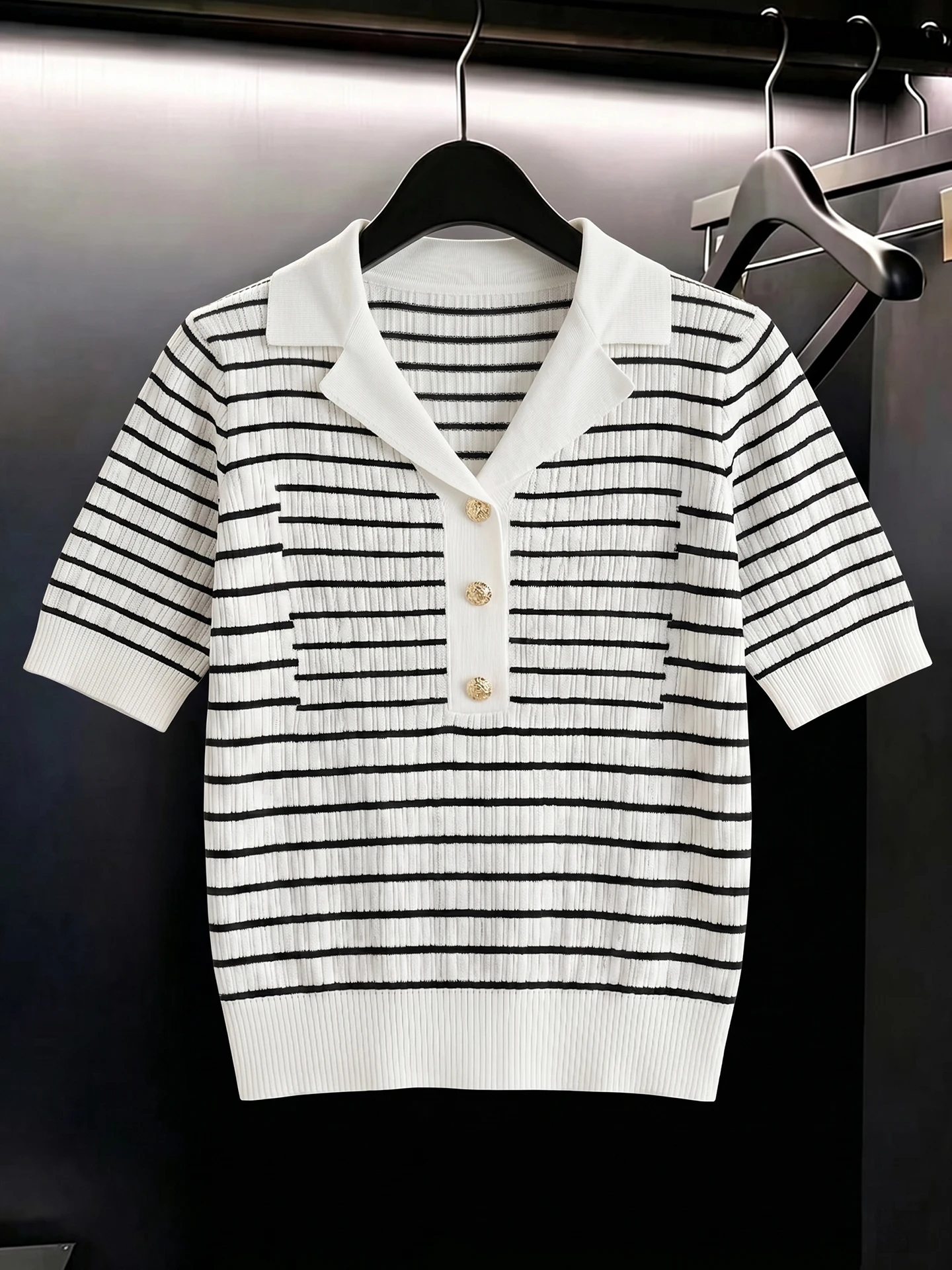 Fashionable Striped Color Block Knitted Sun Protection Top Elegant Youthful Summer 2026 Commute Style Short Sleeve Women's Shirt