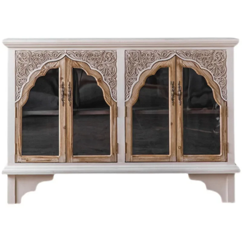 

American retro dining side cabinet entry living room entrance cabinet old carved glass