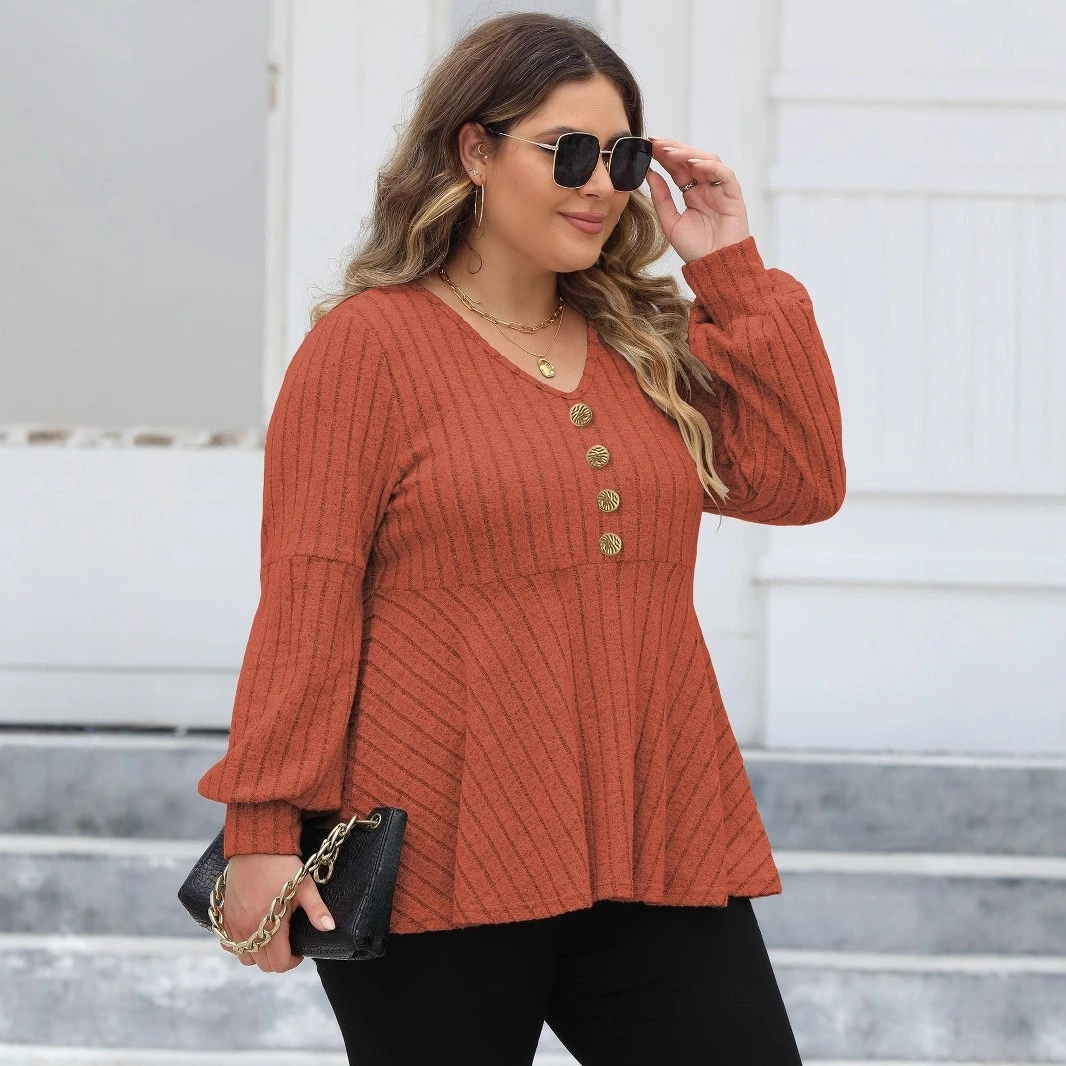 Vibrant Ribbed Button Front Long Sleeve V Neck T-Shirt - Soft Casual Wear for Spring & Fall - Women's Comfortable Clothing for