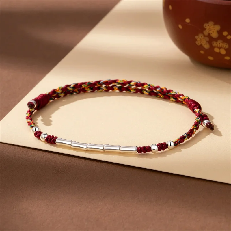 

S999 pure silver bamboo knot color rope hand woven men's and women's bracelet simple and fashionable couple's jewelry gift whole
