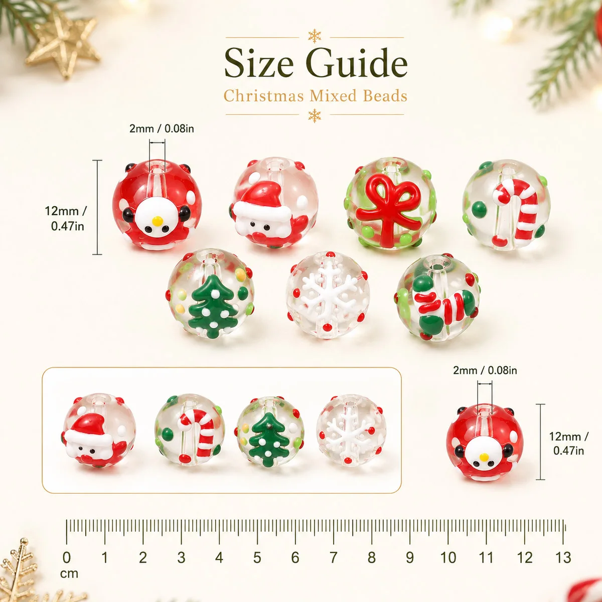 12mm 3pcs Lampwork Christmas Beads Multi Outer Pattern Round Loose Spacer Beads For DIY Bracelet Necklace Jewelry Making