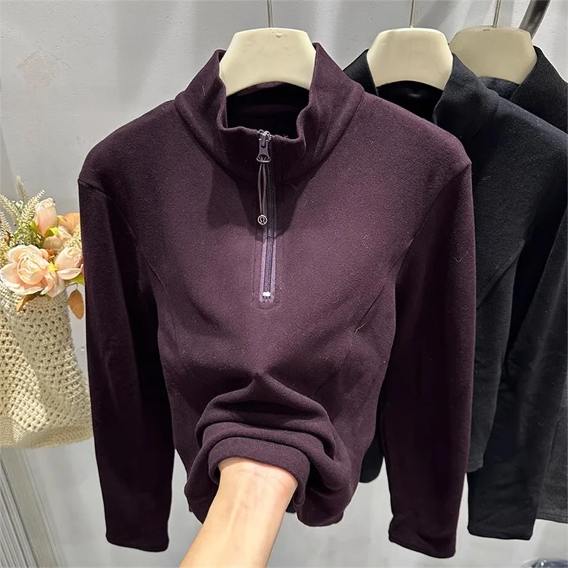 Double-Sided Velvet Zipper Half-Open Collar Short Sweatshirt Women's Slim Fit T-Shirt Korean Style Commute Fashion Autumn Winter