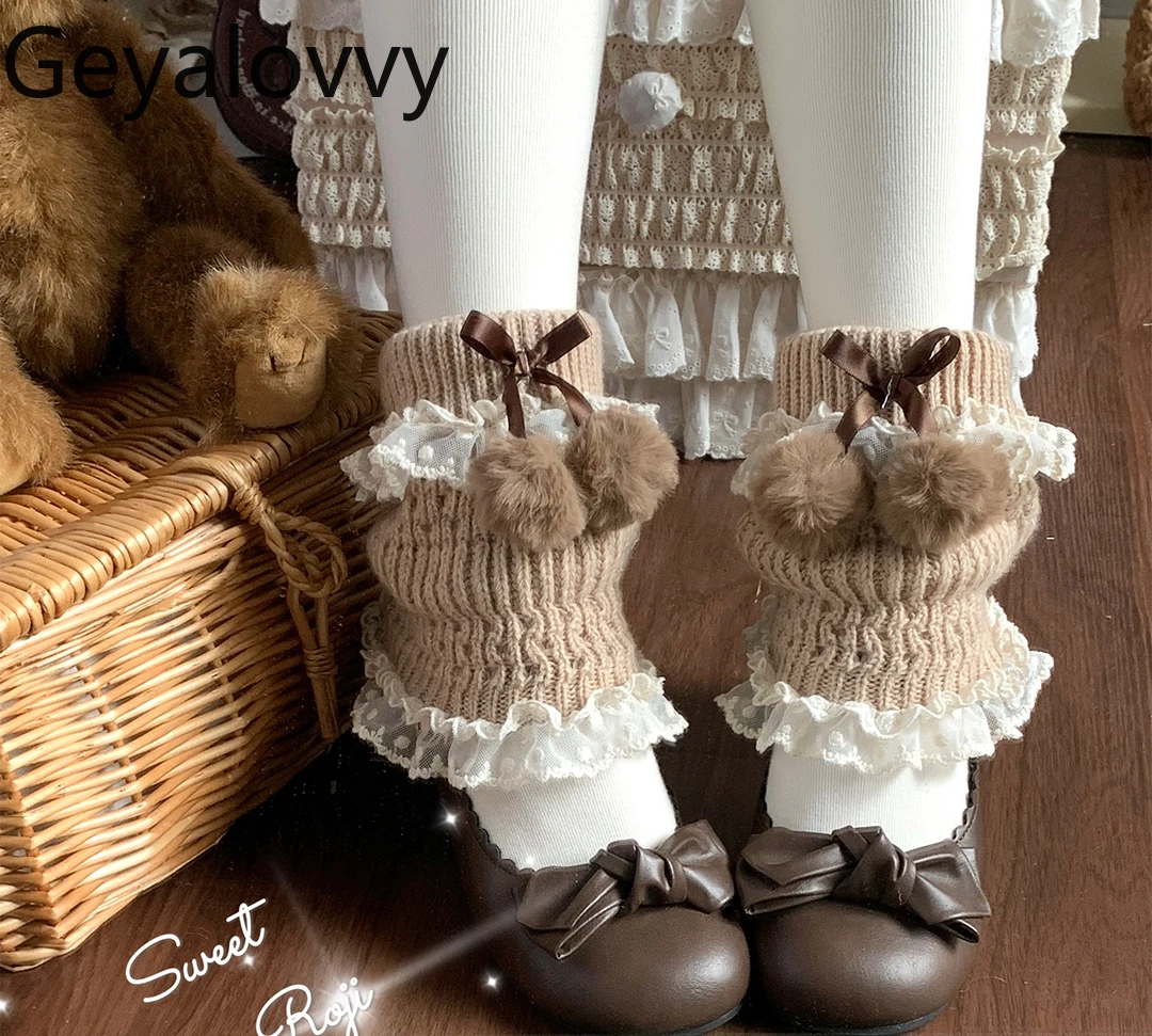 

Original Sweet Lolita Japanese Style Pom-Pom Lace Wool Socks JK Girl Bowknot Leg Warmers Kawaii Versatile Knitted Slouch Socks