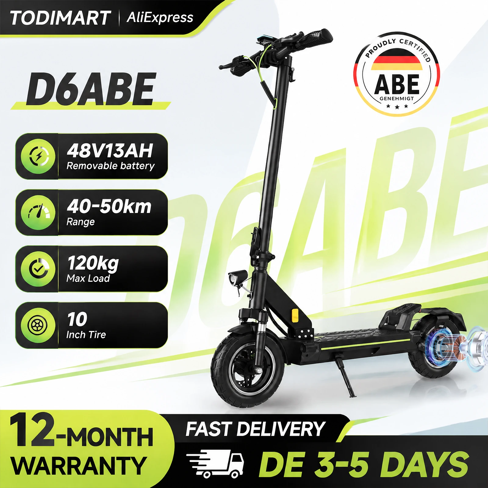 TODIMART D6ABE Pro Elektroroller für Erwachsene, ABE genehmigter klappbarer E-Scooter mit herausnehmbarem 48V Akku, Smart APP Steuerung, 10 Zoll Luftreifen, 55–60km Reichweite Pendler Stadt