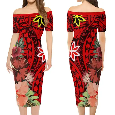 Summer Ladies Off-Shoulder Short Sleeve Long Dress Hawaiian Midi Party Fashion Sheath Dress Polynesian Tribal Design Pattern