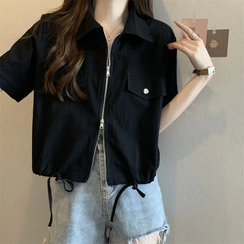 New Summer Short Sleeve Cargo Jacket Women Korean Zipper Drawstring Short Coat Female Black White Turndown Collar Casual Jackets