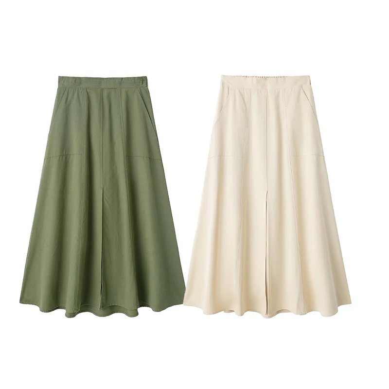 KUCLUT Women Fashion Solid Pleated Front Slit Midi Skirt Vintage Mid Waist A-Line Female Chic Lady Skirts