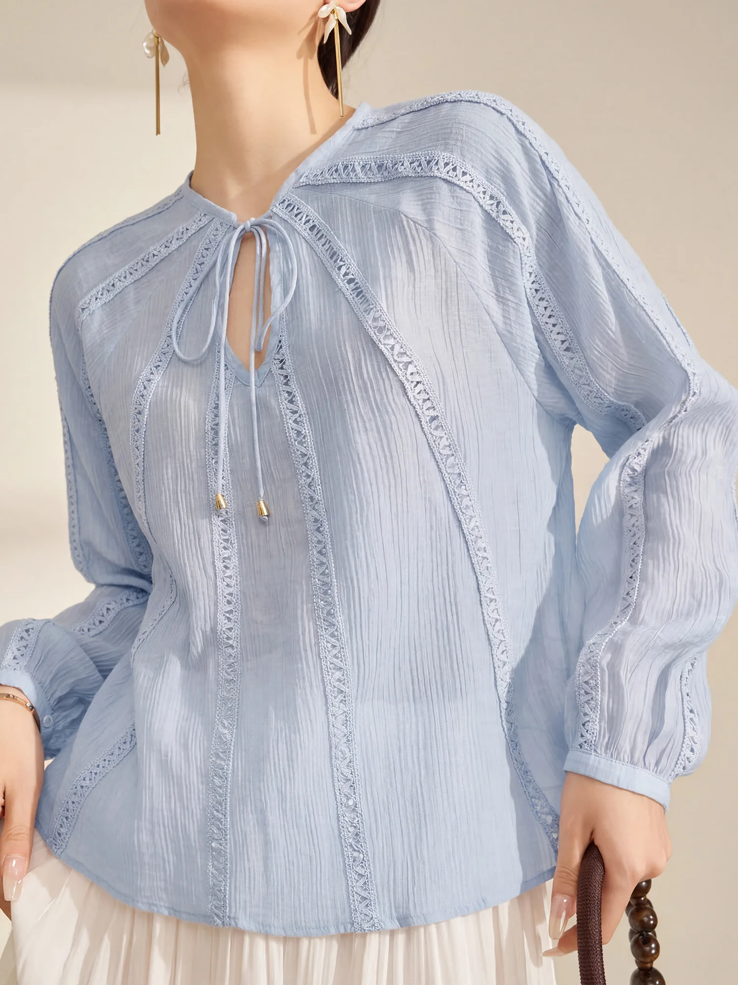 

Blue Textured Belted Shirt Long Sleeve Women's Style Spring Fashion Design Casual Comfortable Breathable round Neck Top