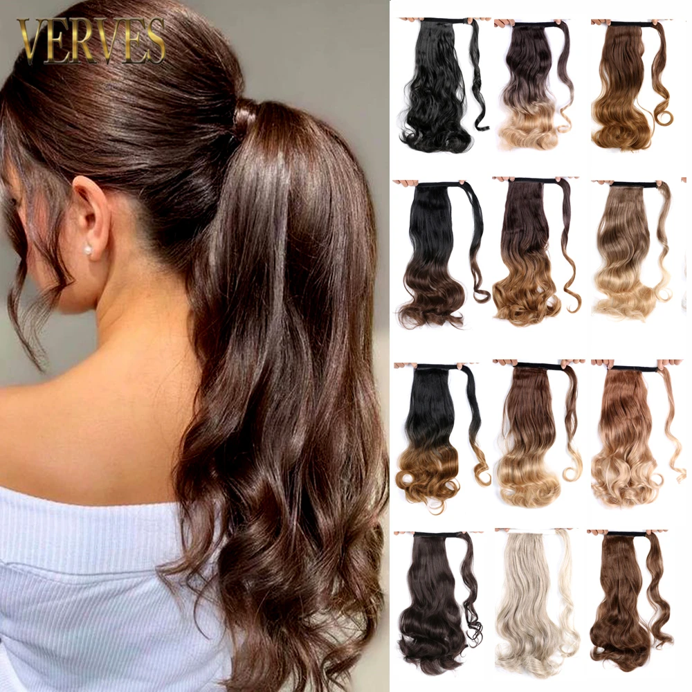 VERVES Synthetic Clip In Ponytail Extensions Wavy Wrap Around Hair Extension Pony Tail Ombre Hair For Women Blonde Black