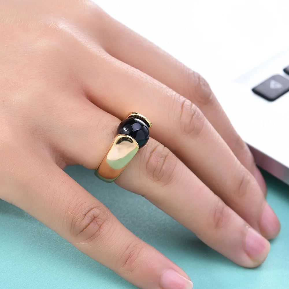 New 10mm Black and White Cat Eye Stone Ring 18K Gold Retro Set Stainless Steel Rings for Women Men Exquisite Jewelry Gift - view 3