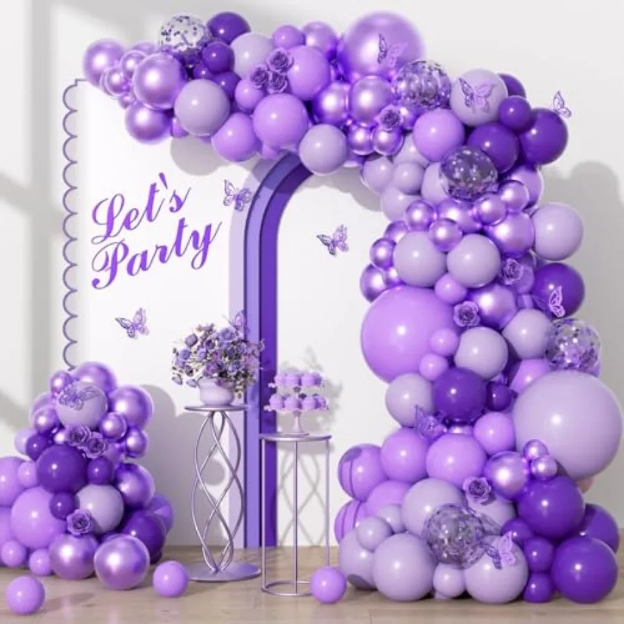

136pcs Purple Balloons Garland Arch Kit, 18 12 10 5 In Dark Light Metallic Purple Confetti Latex balloons Different Sizes for P